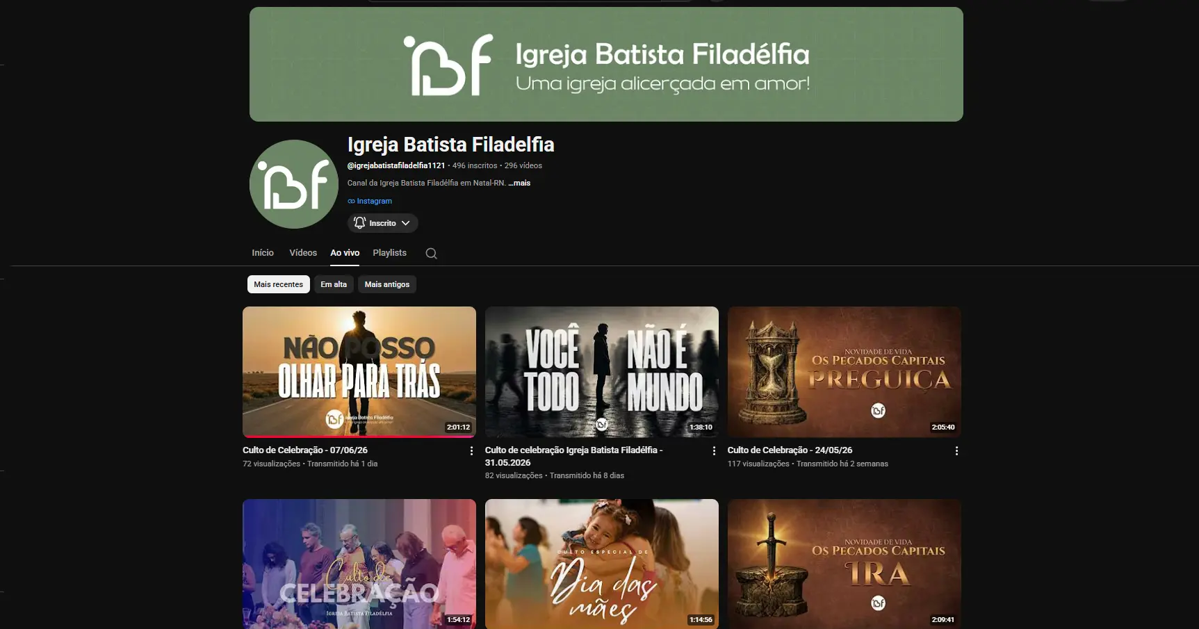 Canal do Youtube da Igreja
